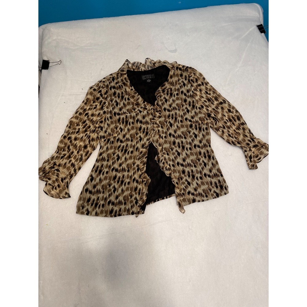 Spenser Jeremy Women 100% Silk Leopard vintage Y2K Ruffle Blouse size 12